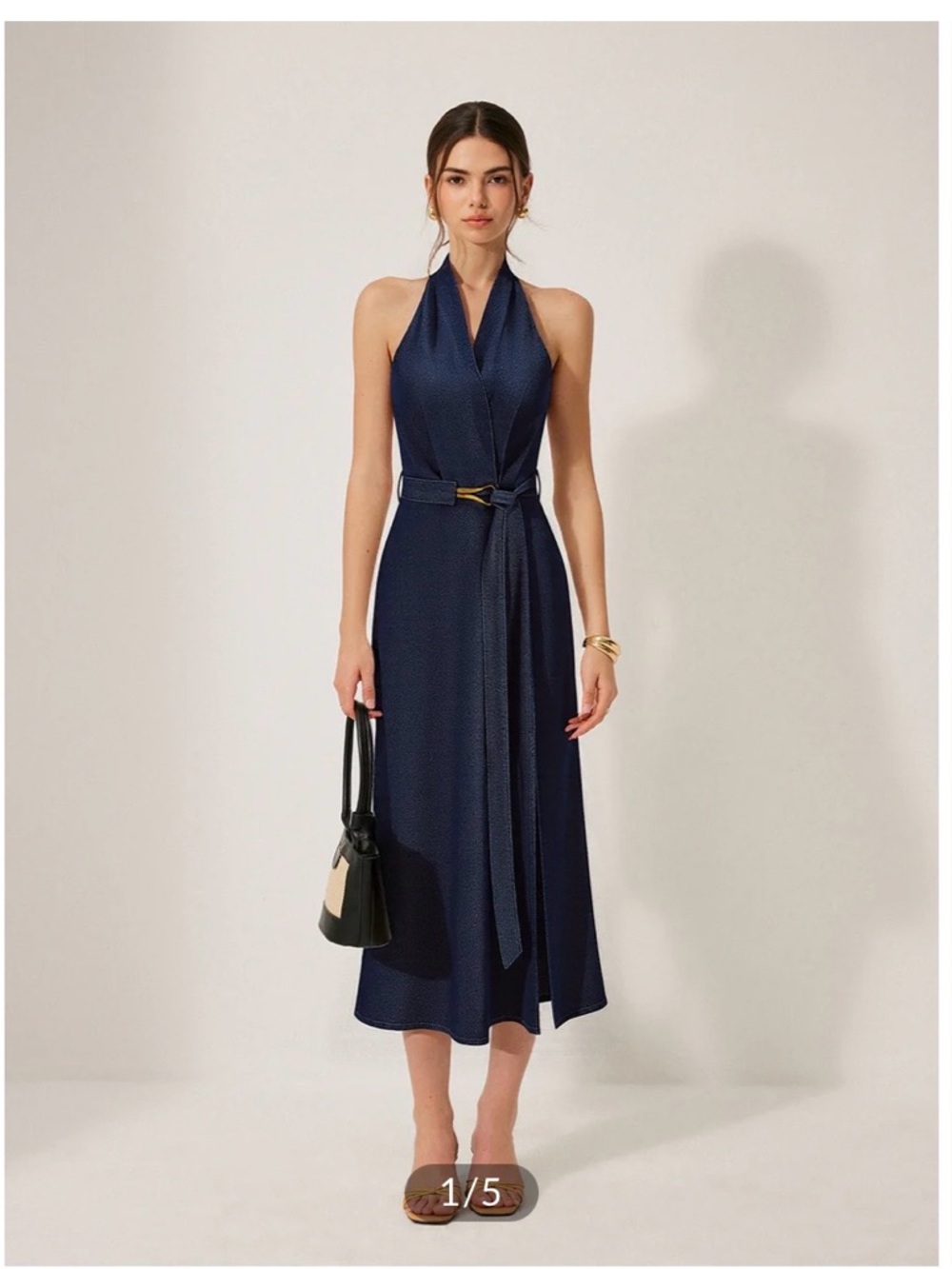 Denim Halter Midi Dress with belt